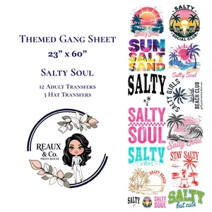 Salty Soul Adult  / Trucker Hat Combo Themed Gang Sheet 23x60 12 Adult Size Transfers 3 Trucker Hat Transfers DTF Gang Sheet Ready to Press