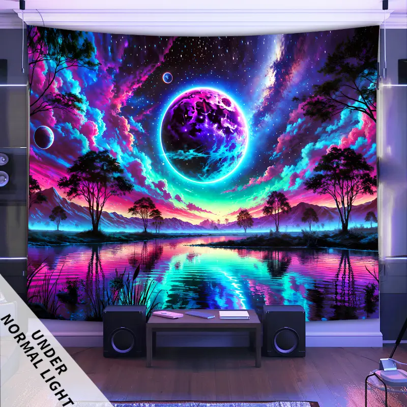 1pc UV-reactive planet tapestry.Neon gradient design glows under blacklight.Peach light beige fabric, includes free hanging accessories.Perfect for bedrooms, parties, or cosmic-themed decor.Durable material for home decoration. Starry Sky Pattern summerwi