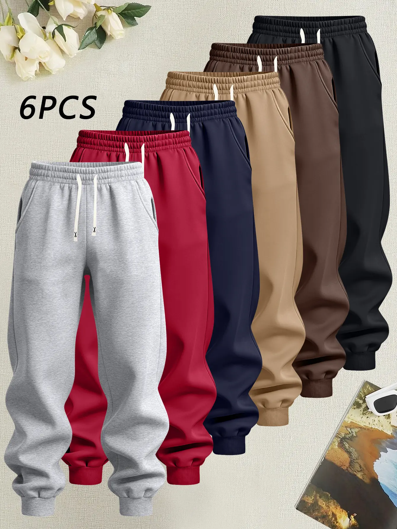 6-Pack Men’s Casual Sports Sweatpants New SpringAutumn Style Solid Color Lightweight Fabric Regular Fit Plus Size Elastic Waist with Drawstring Cuffed Pants for Travel and Vacation