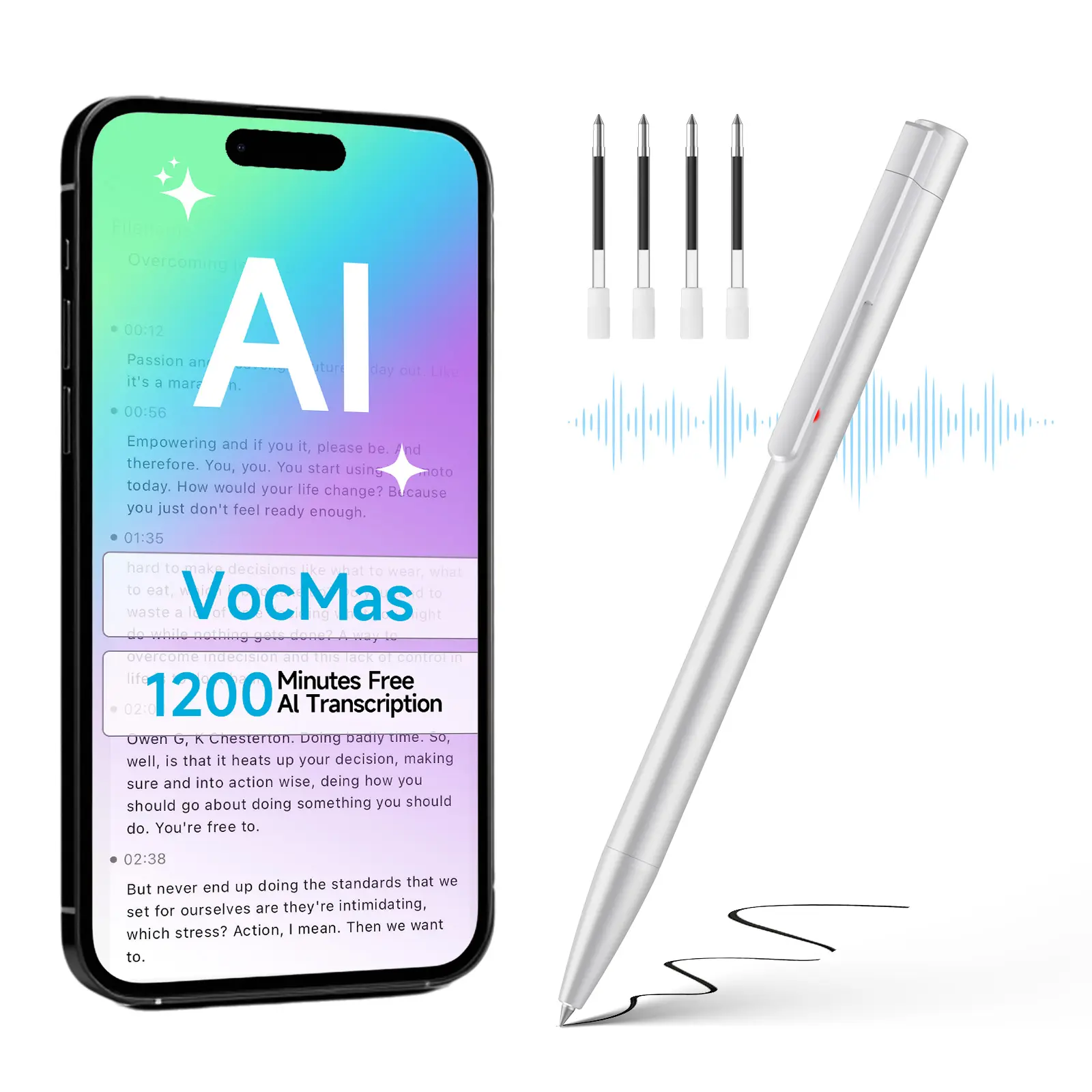 AI Voice Recorder Pen 64GB with Transcription, Digital Notepad & 4 Refills, Smart Recorder for Meetings Supports 103 Languages & AI Noise Reduction, White Audio Recorder for iPhone Android