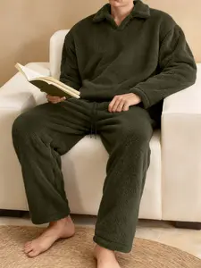 Men's Fall Winter Faux Lamb Velvet Lapel Home Set, Warm Comfortable Loose Sleepwear, Essential for Reading and Leisure, Pajamas