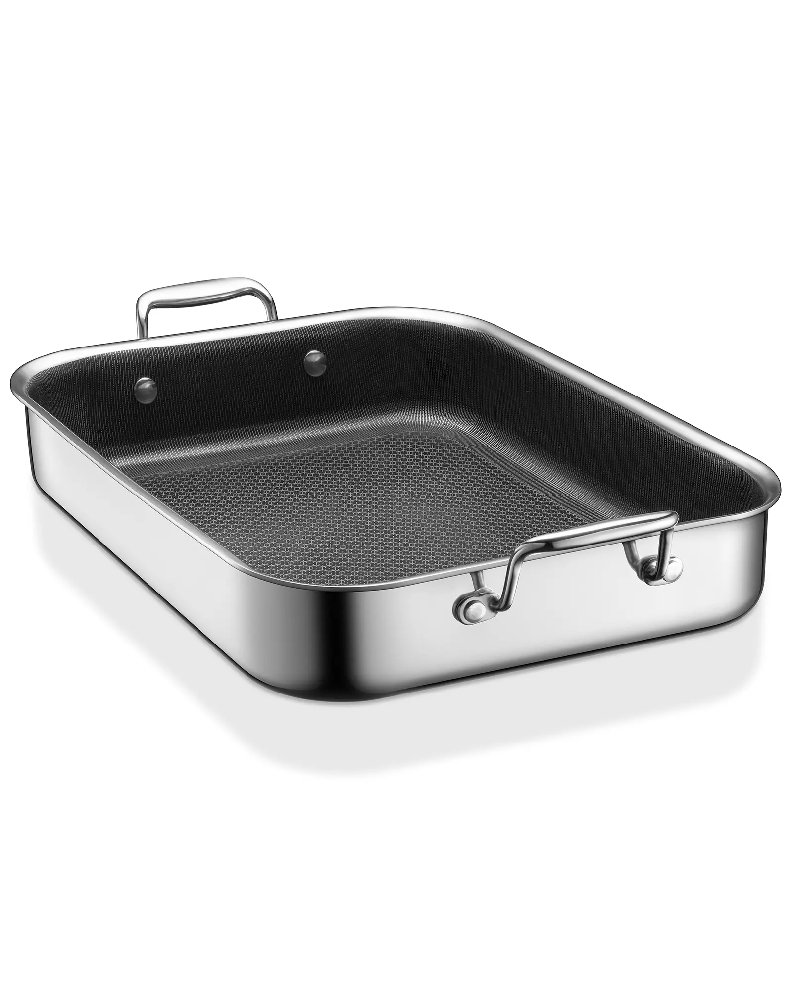 SNOWCLAD Hybrid Nonstick Bakeware Roasting Pan, 13x10 in Stainless Steel Roaster for Turkey, Chicken, Veggies, Easy-Clean Oven-Safe Kitchenware for Holiday, Everyday Cooking