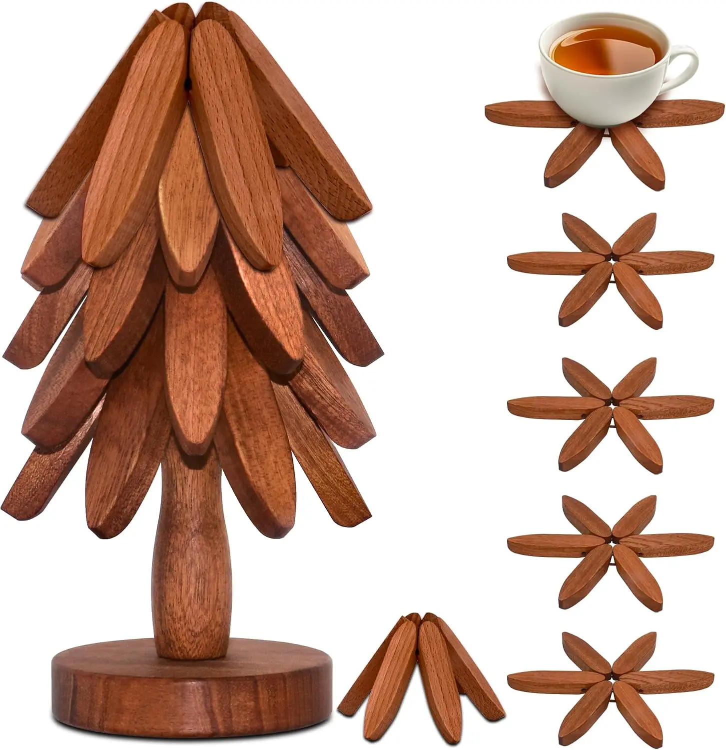 Wooden Cup Coaster Set，Tree Shape Trivet Set,Tree Coasters- 4 Wooden Trivets + 1 Stand stored stored Like a Christmas Tree, Wooden Tree-Shaped Coasters Set for hot Dish/Pot/Bowl/teapot/hot Pot Set(Brown/Beige)