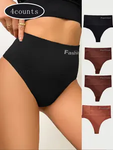 4 Pack High Waist Cotton Thongs for Women, Soft Breathable Knicker, Tummy Control Fitness T Pants for All Seasons, Comfort & Style in Minimalist Design