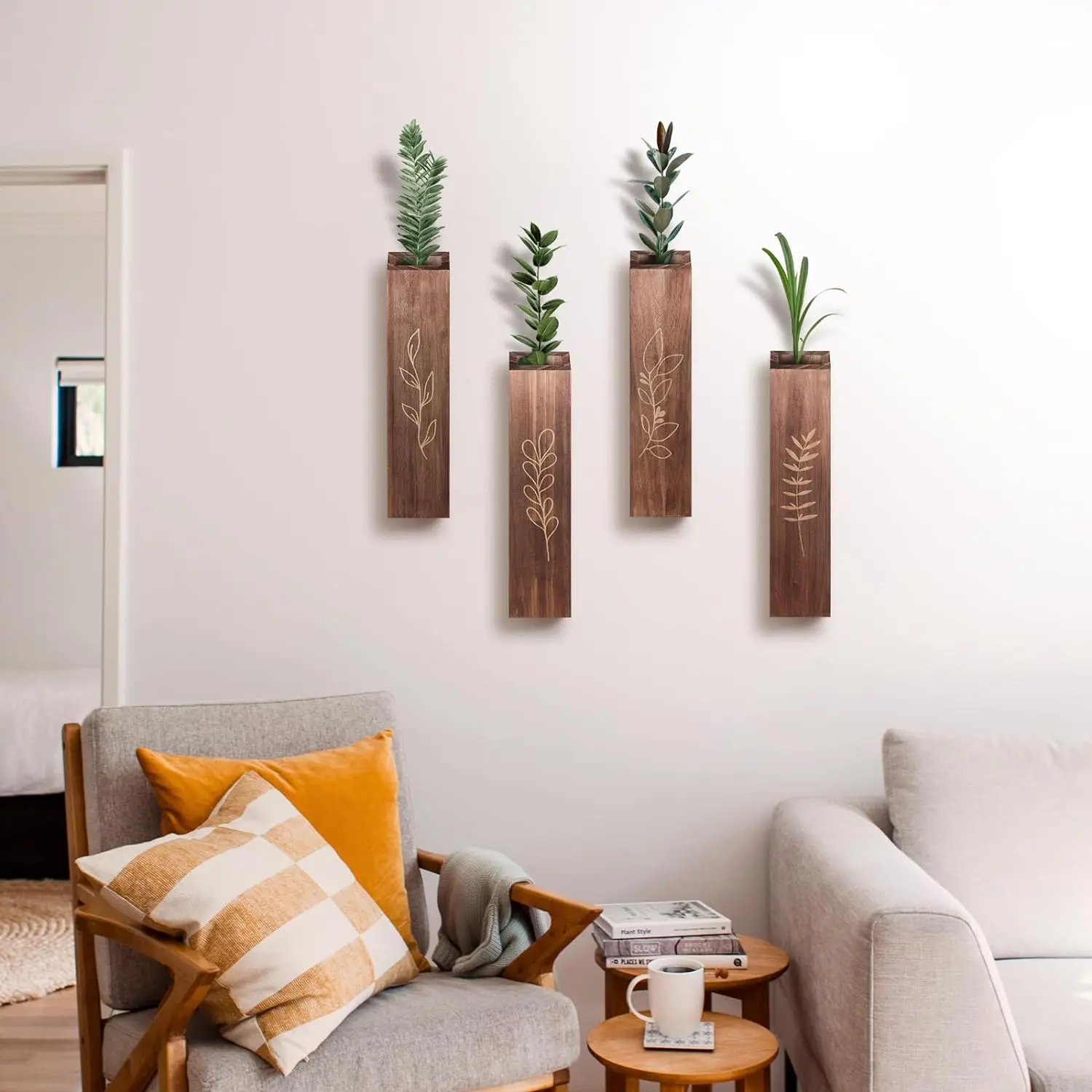 4 Pack Farmhouse Wood Wall Planters, Modern Boho Hanging Pocket Vases for Dried Flowers & Artificial Greenery, Living Room Bedroom Wall Decor, Brown