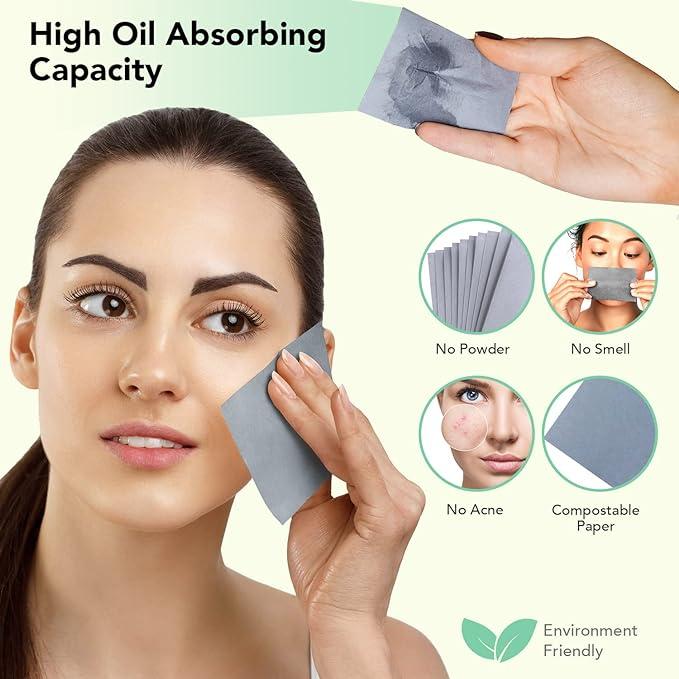 Natural Bamboo Charcoal Oil Blotting Sheets for Face - 3x100 Sheets with Extra Large 5x3" Thick Blotting Paper for Oily Skin - Dispensable Portable Pack - Reduce Skin Acne - Makeup Friendly Gentle Exfoliate