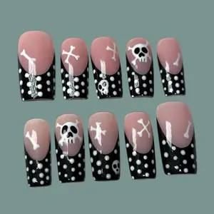 Skull Press-On Nails: Y2K Emo Black & White Dot Design