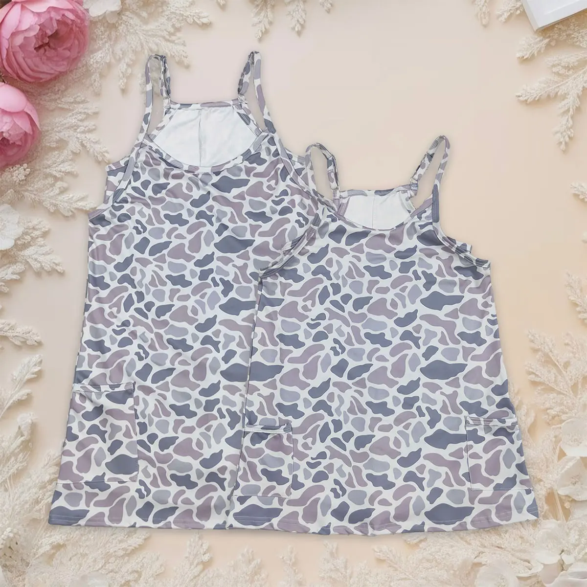 Mommy and Me Matching Athletic Dress, Fitted Knee Length Camouflage Print Nylon Outfit with Pockets & Built-in Liner for Women & Girls, S & 3t, Sleeveless Shirt, Spaghetti Strap Shirts, Elastane, Side Pockets, Pocket Convenience