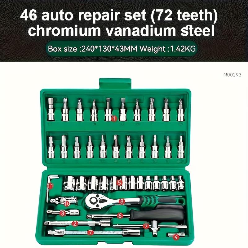 46-piece set 1/4 inch drive socket ratchet wrench set, S2 position CR-V socket metric and extension rod, suitable for automotive repair and household comprehensive tool kit, easy to organize