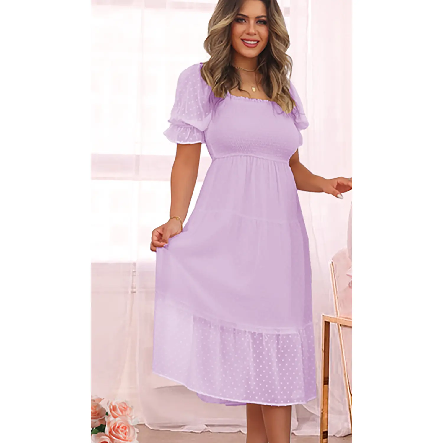 Square Neck Puff Sleeve Swiss Dot Ruffle Tie Back Dress MEROKEETY