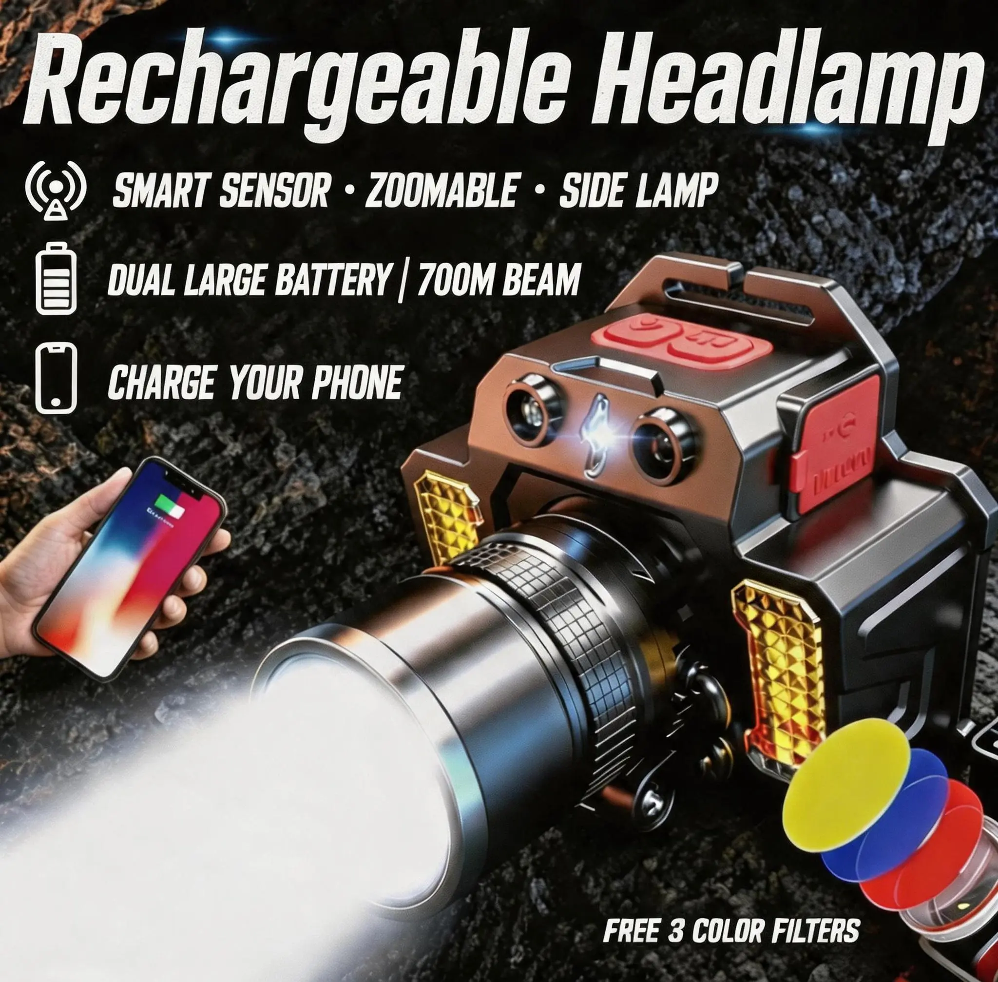 High-Powered White Laser Headlamp with 750m Long Range, Up to 5 Nights Rechargeable Headlight with Motion Sensor, Zoomable LED Headlamp with RGB Filters, 180° Tilt, USB-C Power Bank for Camping, Hunting