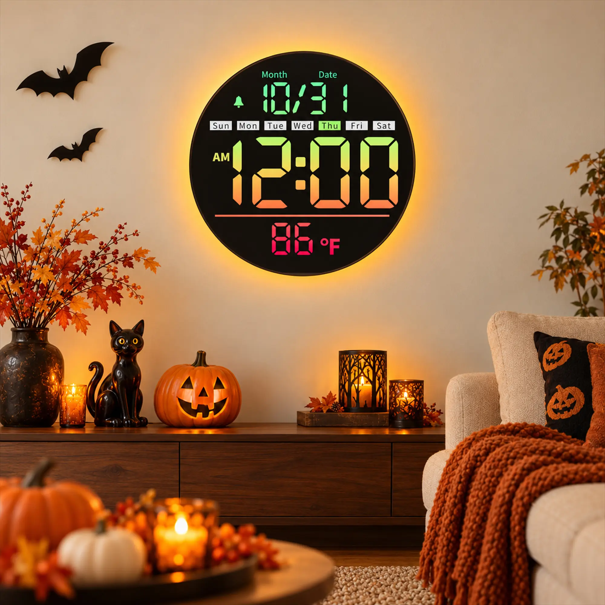 LEIKE Modern 8-in Dimmable Digital Wall Clock - Home Accessory with Remote Control, Colored LED Display, 5-Level Dim Glow, Temp, Date, Week, Countdown Timer, DST, 12/24H Format, Power Outage Save for Bedroom, Office (House Decor, Room Decor Accessories)