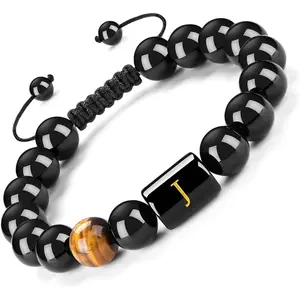 Initials Bracelets for Men Letter Link   Black Onyx Tiger Eye Stone Beads Braided Rope Meaningful Bracelet