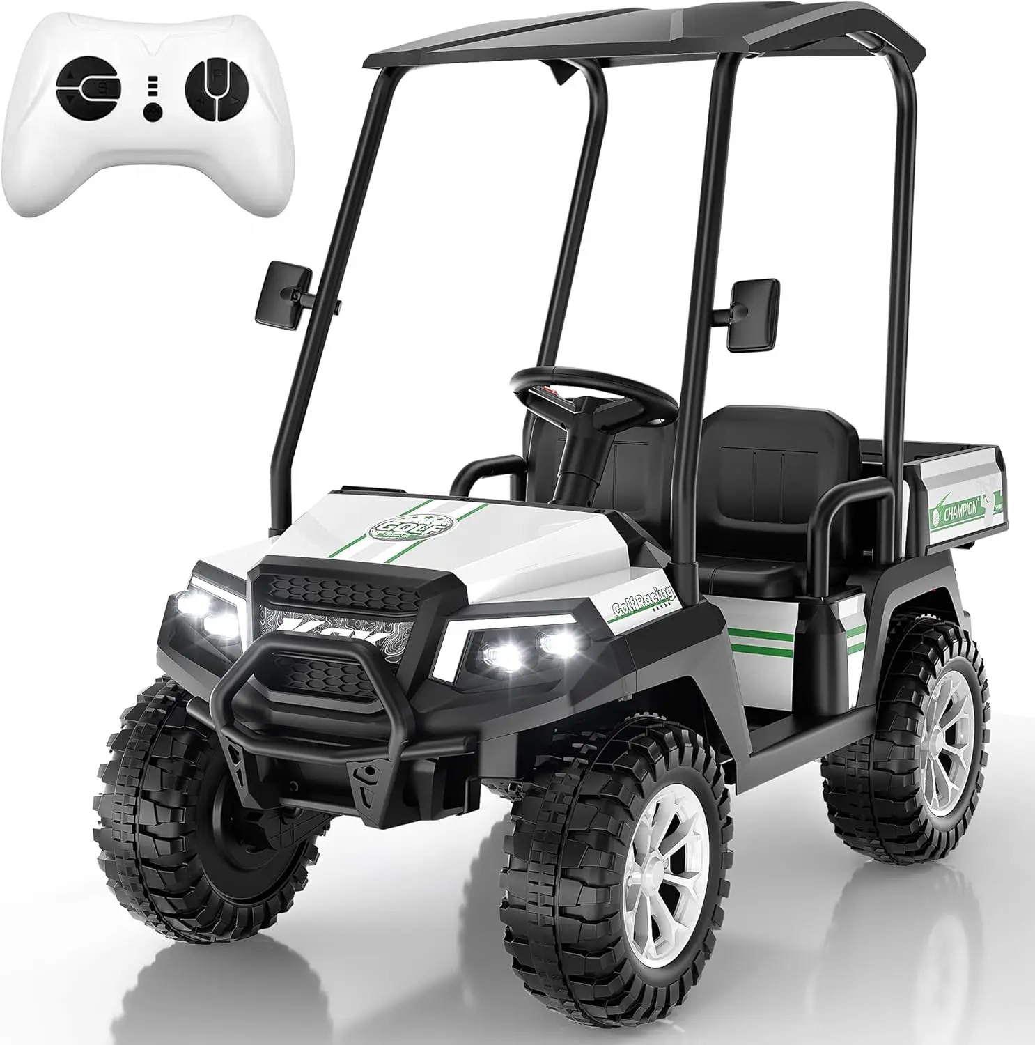 ANPABO Kids Golf Cart w/Detachable Awning – 4WD 2-Seater Ride-On Car with Large Storage Trunk, Remote Control, 3 Speeds, Music Player, LED Lights – #Summervibes