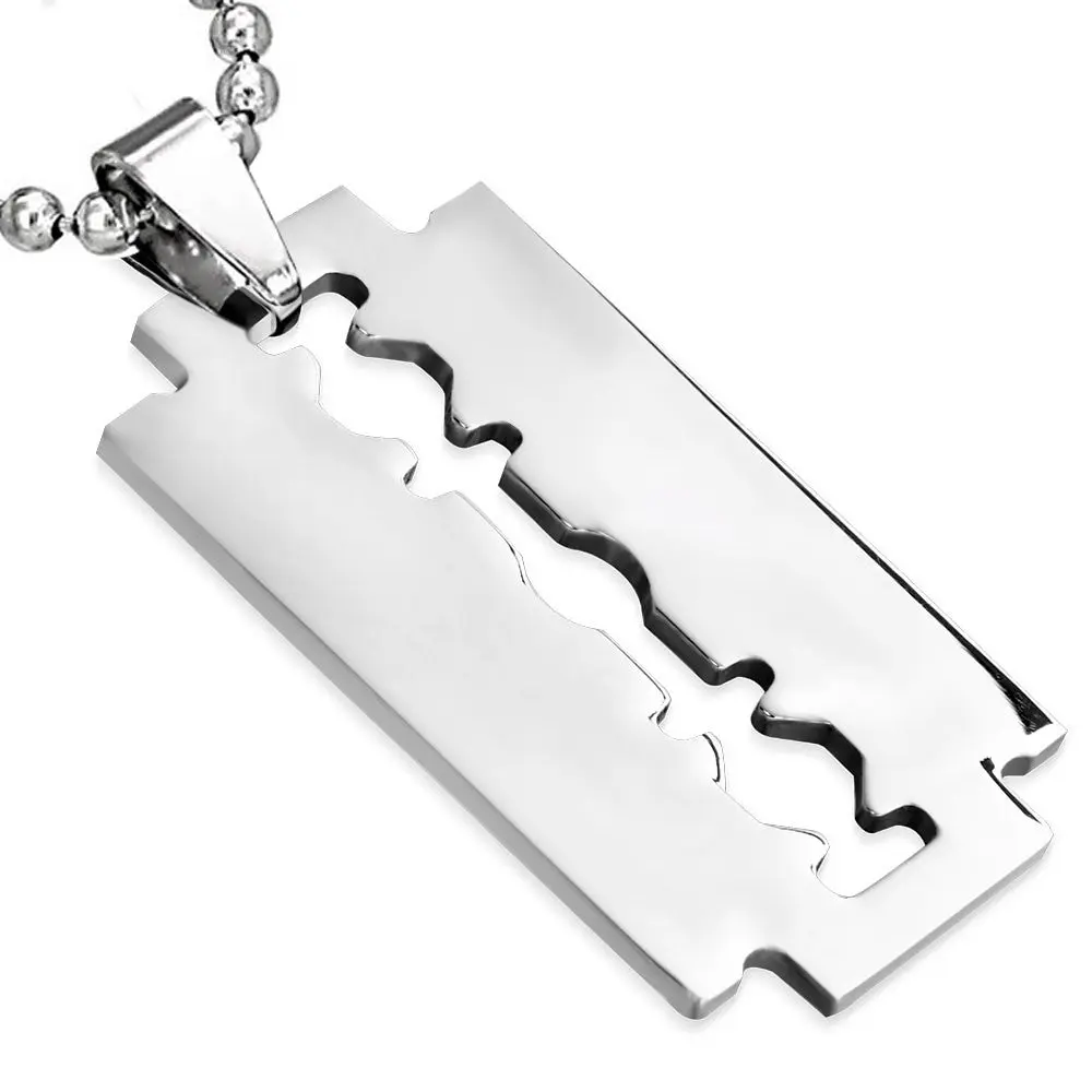My Daily Styles Men's Minimalist Polished Stainless Steel Silver-Tone Razor Blade Pendant Chain Necklace, Model AT1170, Male Fashion Accessory, Gift for Guy, Minimalist Design, Polished Finish, 2.00In X 0.90In, Rectangular, Birthday, Casual