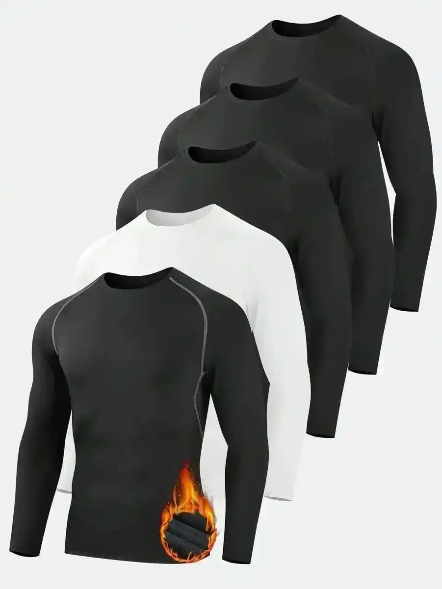 Men's 5 Pack Thermal Compression Shirt Fleece Lined Long Sleeve Athletic Base Layer Cold Weather Gear Workout Top for Activewear Fitness Classic Design Everyday Essential Versatile Style Comfort Wear