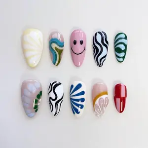 Colorful Swirl Art Press on Nails Short Almond Nails/Summer Nails/Smile Nails/Yellow Nails/Pink Nails/Art Nails/Orange Nails/Holiday Nails