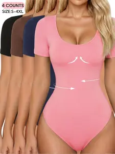 Women's Shapewear for All Seasons,Ribbed Abdomen Control Bodysuit, Short Sleeve Seamless Summer T Shirt, Comfortable Scoop Neck BodySuit Stretchy Basic Tops, Fit Soft Elastic Fabric, Perfect For Daily Wear and Going Out, Tummy Control Waist