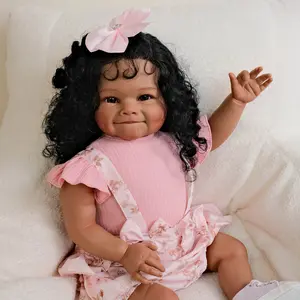 A complete set for the baby 24inch Realistic Reborn Girl Smile Doll Soft Touch HandPainted 3D Light Beige HandPlanted Curly Black Hair for Play and Collection with Clothing and Accessories Ideal for Birthday Gift