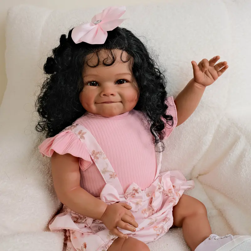 24" Lifelike Reborn Youngsters Smile Girl Doll - Soft Touch, Hand-Painted 3D Light Beige & Hand Rooted Curly Black Hair, Perfect for Play & Collectors- Includes Clothes & Accessories-Ideal Gifts for Birthday lovely newborn year old girl gift first