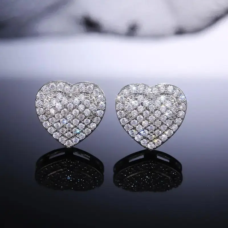 【2026 TREND ALERT】Hip Hop Oversized 12mm Full Pavé Heart Stud Earrings | Micro Pave AAA Zircon | Luxury Heart‑Shape Design | Unisex Gold Plated Rhinestone Jewelry for Men & Women