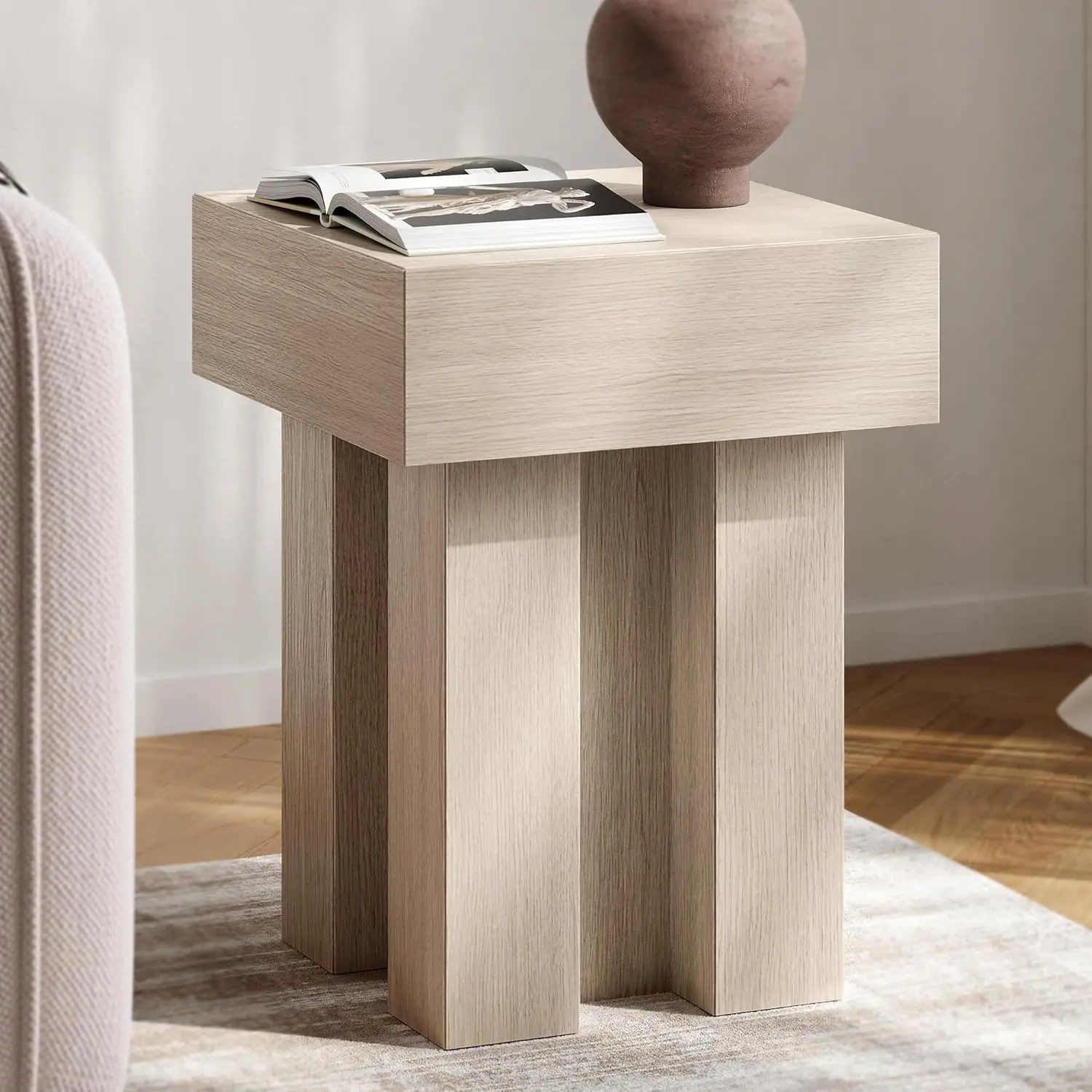 ModernMate Thick Gray White Oak Bed Side Table - 15.7''W x 15.7''D x 20.9''H Square Top Pedestal Nightstand, Clean Look Indoor Furniture for Living Room, Bedroom