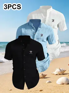 3-Pack Men's Summer Short Sleeve Shirts, Chest Print Design, Lightweight Breathable Solid Stand Collar Button Shirt, Ideal for Beach Poolwear