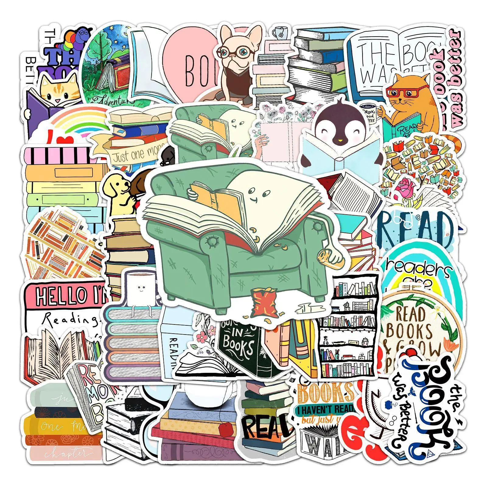 50pcs Book Pattern Water Cup Self-Adhesive Stickers, Waterproof Decorative Stickers For Scrapbooking For Student, Sticker Packs, Paper Book