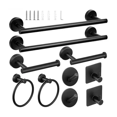 Matte Black 304 Stainless Steel Bathroom Decor Set (10-Piece, Rust Resistant) - 2x15.7in Towel Bars, 4 Towel Hooks, 2x6.3in TP Holders, 2xTowel Rings, Item-Holding Bags for Modern Bathrooms