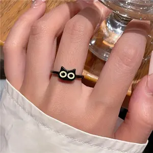 Chic Black Cat Cuff Engagement Ring - Gunmetal Finish, Alloy and Acrylic Material, Fashionable Girls' Costume Jewelry Accessory