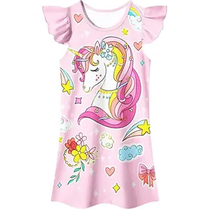 Rainbow Unicorn 3D Print Girls Nightdress Ruffle Sleeve Round Neck Kids Cosplay Short Dress