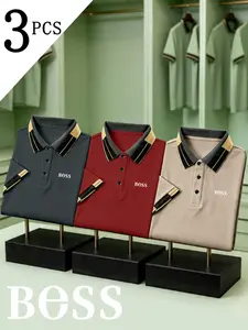 Men's Golf Polo Shirts Set, Bess Logo Print, Fitted Geometric Pattern, Breathable Casual Wear, All-Season Comfortable High-Quality Polos