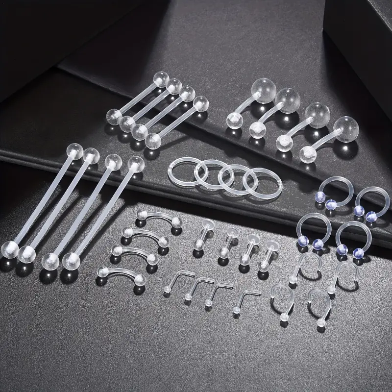 36pcs Casual Daily Body Jewelry Set - Plastic Industrial Barbells, Acrylic Transparent Eyebrow, Lip, Nose Rings, Cartilage Helix Hoops, Belly Button Piercings