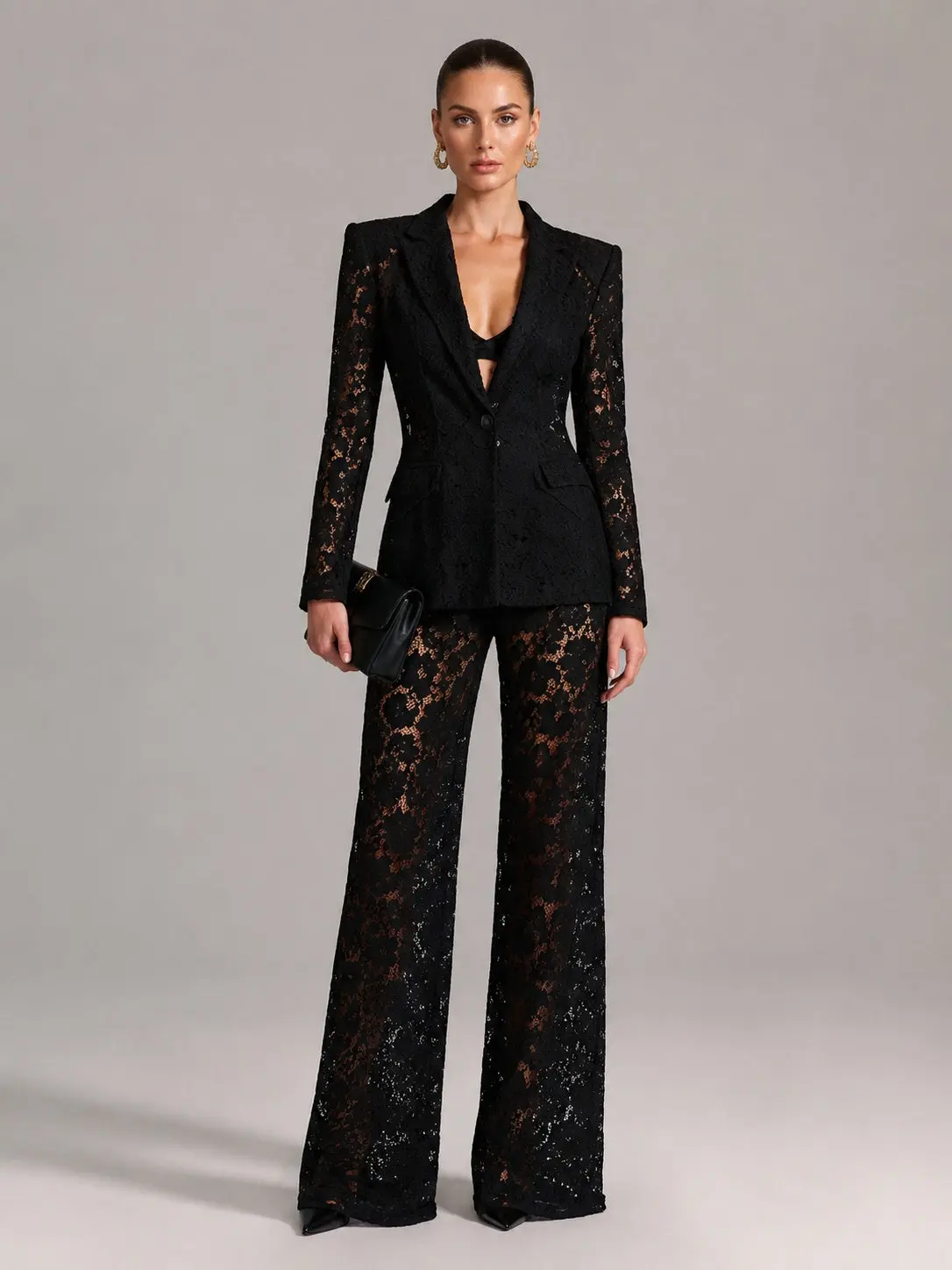 Floral Lace Single Button Blazer & High Waist Wide Leg Pants 2-Piece Suit Set