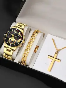 Men's Fashion Watch & Jewelry Set, Including Round Dial Analog Quartz Watch & Bracelet & Necklace, Fashion Watch Set for Party, Trendy All-match & Exquisite Watch Set for Gift