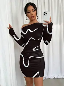 Asymmetric Ruched Graffiti Print Long Sleeve Dress - Fall Fashion & Statement Piece