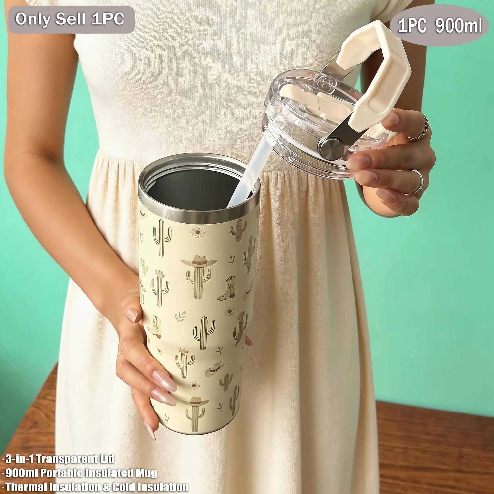 30oz-900ML Cactus Theme Stainless Steel Insulated Cup, Dual Layer Vacuum Bottle, Outdoor Water Cup, Gift for All Occasions