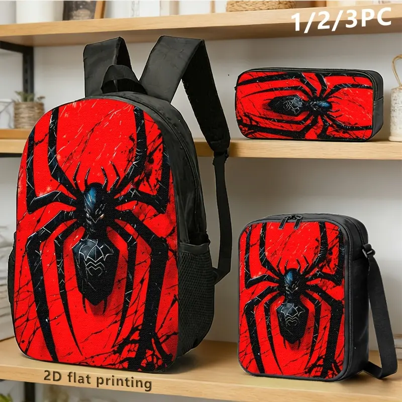 Black Spider Superhero 3-Piece Backpack Set, Red Crackle Print School Bag + Lunch Bag + Pencil Case, Oxford Cloth Adjustable Strap Daypack for Fans & Kids