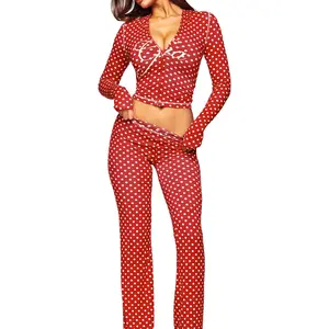 Polka Dot Hooded Long Sleeve Thumb Hole Set • Micro Flare Pants 2-Piece Outfit • Ideal for Casual Parties