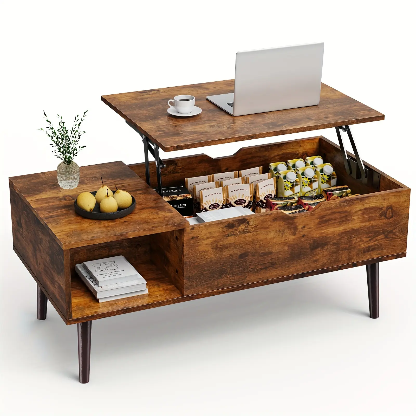 GLAMEAN Vintage Lift-Top Coffee Table with Hidden Storage and Adjustable Shelf - Durable Wood, Ideal for Living Room