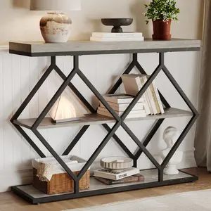 Garvee 3-Tier Industrial Entryway Table with Rustic Wood Top and Diamond Metal Frame, Open Shelf Console Sofa Table for Living Room, Hallway, or Foyer Storage with Adjustable Feet