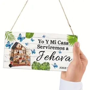 Christian Spanish Wooden Plaque with Bible Verse Joshua 24:15, Blue Butterfly and Leaves Design, Eco-Friendly Home Decoration for Living Room, Kitchen, Office Accent, Wall Art Plaque, Hanging Plaque