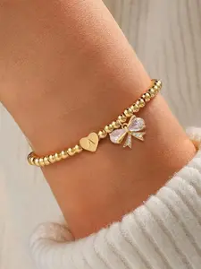 Women's Heart-Shaped Letter Crystal Bow Pendant Bracelet, Elegant Copper Beads Chain, Fashion Jewelry for All Seasons