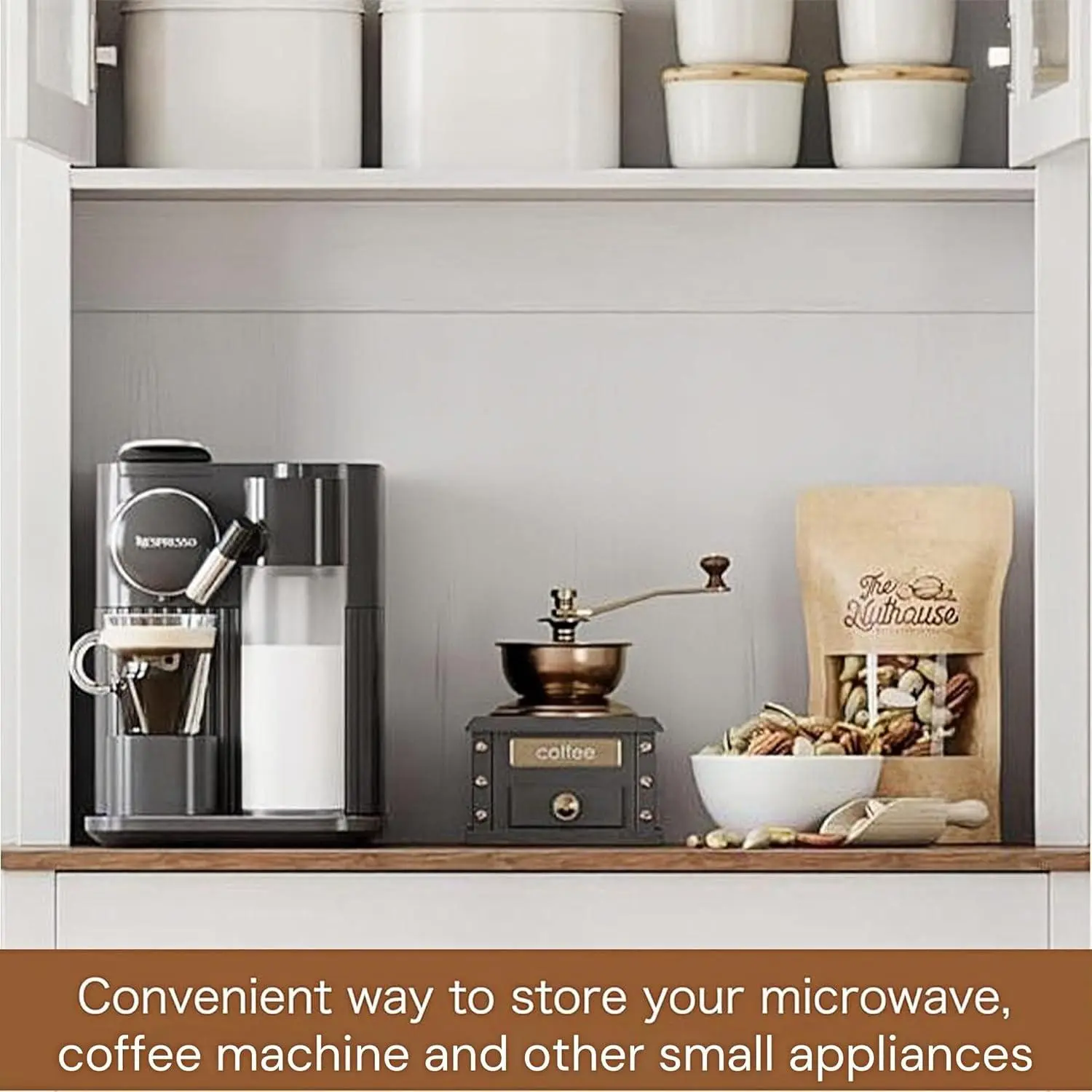 Kitchen Food Cabinet with Glass Doors Large Drawer Adjustable Shelves Cable Hole and Anti Tilt Design White