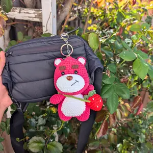 Pink Strawberry Bear Crochet Plush Keychain | Handmade Cute Cartoon Bag Charm | Kawaii Gift