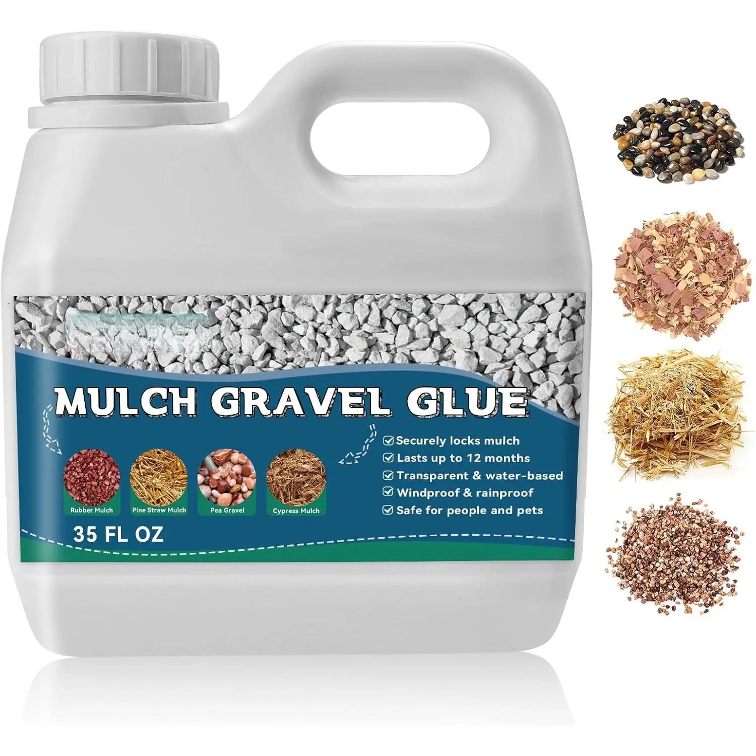 Mulch Gravel Glue for Landscaping (35 fl oz) - -Drying Rock Pea Glue,  Gravel Binder, Clear Adhesive for Rocks, Mulch, , Rubber Outdoor Landscaping,  and -Friendly