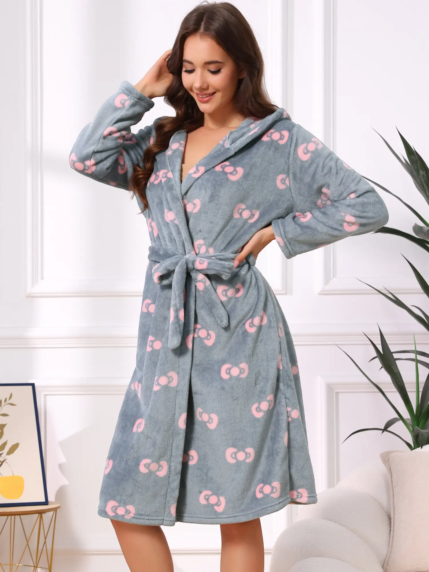 INSPIRE CHIC Womens Fleece Robe Heart Bow Patten Fluffy Fuzzy Cozy Thick Warm Long Sleeve Hooded Nightgown Spa Bathrobe