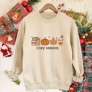 Women’s Fall Thanksgiving Sweater – Cozy Season Pullover with Pumpkins, Leaves & Coffee Cup, Casual Crewneck Holiday Sweater, Relaxed Fit, Great Christmas gift, birthday present