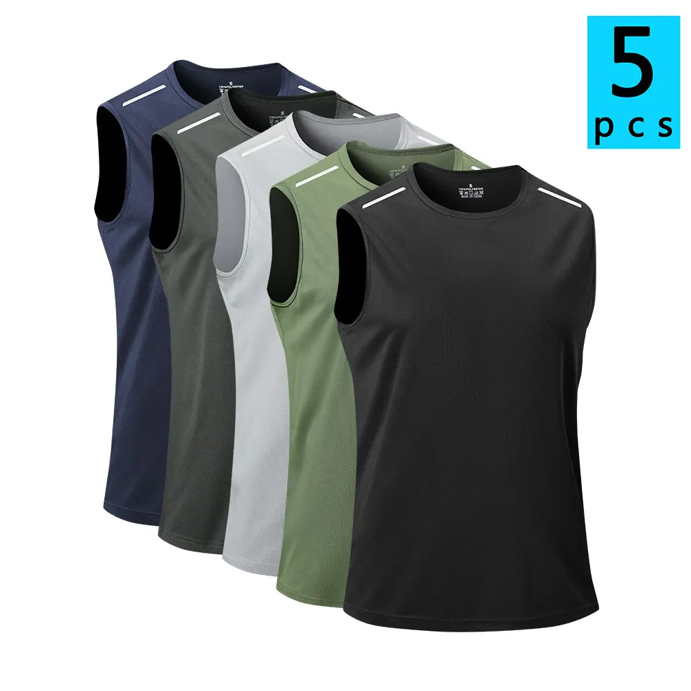 Men's 5-Pack Regular Fit Crew Neck Fitness Vest Top, Breathable Quick-Drying Sleeveless Workout Clothing for Gym Training Apparel & Running Gym Fitness Sportswear
