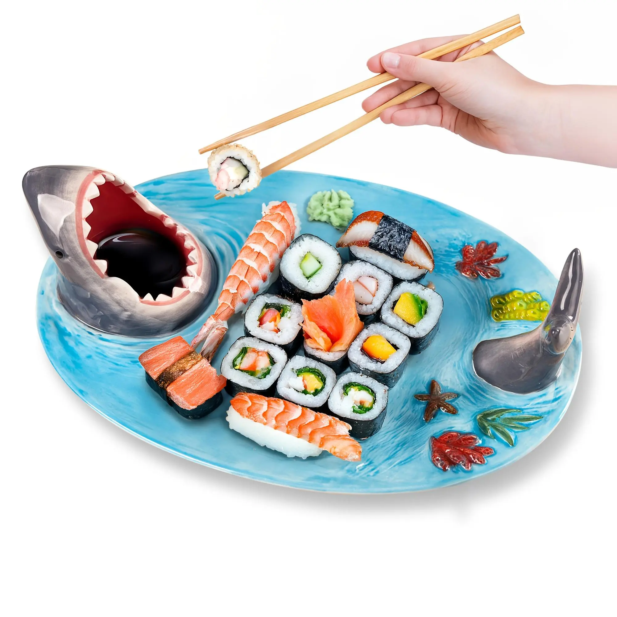 [Holiday Birthday Gift] 1pc Shark Sushi Plate, Blue Ceramic Shark Plate, Fun Handmade Kitchen Salad Plate with Sauce Bowl And Chopstick Stand, Holiday Birthday Gift for Shark Party Enthusiasts